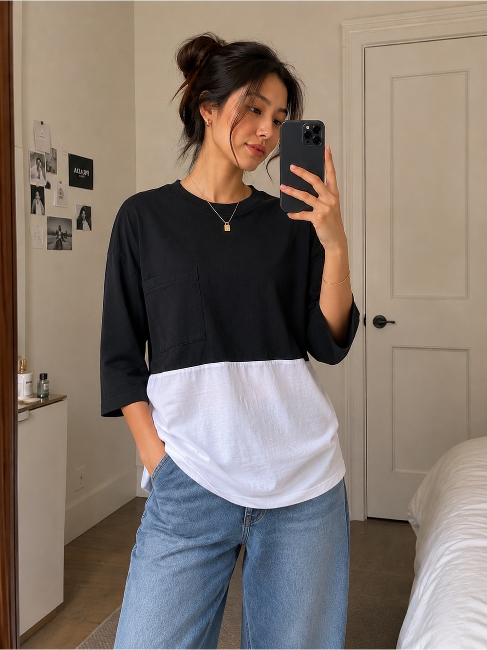 Forever 21 Casual Block Style Black & White 3/4 Sleeve Top | Size M